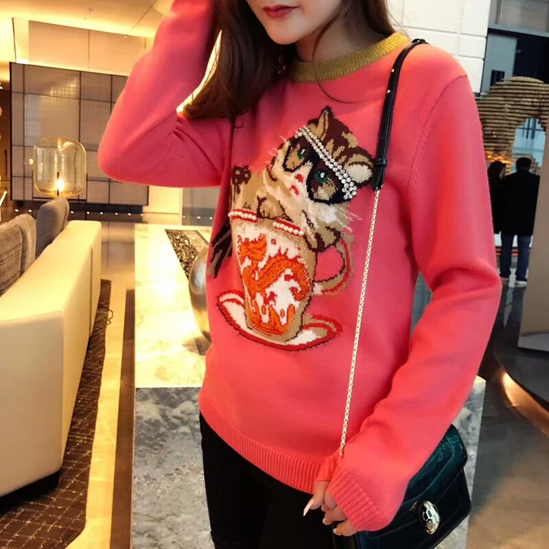 

2019 winter Jumper sueter mujer Runway Design Knitted Pullover Fashion Long Sleeve Cat Dragon Jacquard Winter Women Pink Sweater