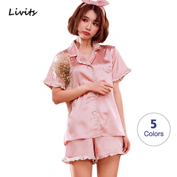 

Women's Pajamas Sets Satin Silk Pyjamas Sleepwear Nightwear Nighty Home Wear Loungewear Short Sleeve Ruffles Sexy For Female