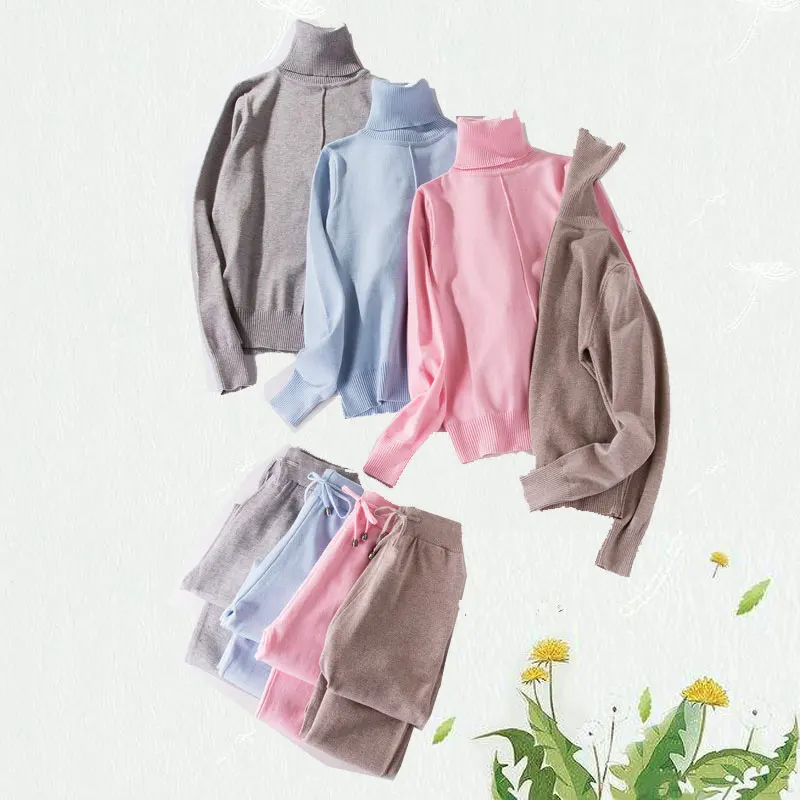 

Women's Suit Knitted Home High-collar T-shirt 2 Suits Winter Leisure Comfortable Woman Knitted Trousers + Jumper suits Latest