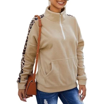 

Vicabo Long Sleeve Leopard Splice Sweatshirt Women Zipper Casual Oversized Coat Winter Thick Pocket Pullover Sweatshirts
