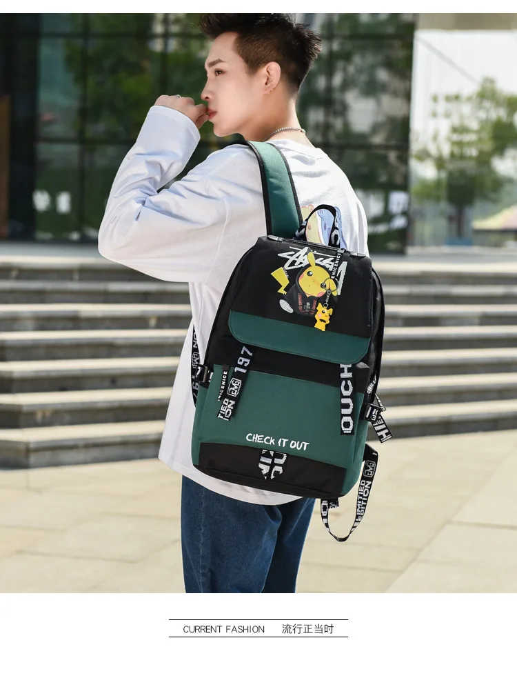 Action Large Pikachu Backpack with USB Charge Line Student Schoolbag Cute Cartoon Pikachu Couple Bags Quality Canvas Bag Gift