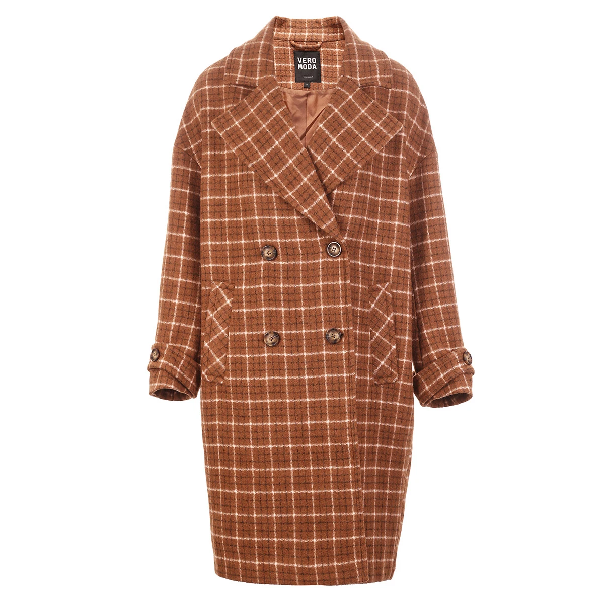 Зимнее длинное шерстяное пальто в клетку с отворотом Vero Moda | 318327551|Пальто|