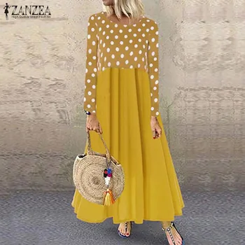 

ZANZEA Women Vintage Autumn Long Sleeve Polka Dot Dress Pacthwork Long Sundress Femme Bohemian Loose Dresses Casual Robe Vestido