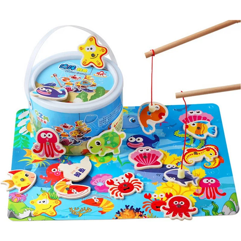 Hot Sale Toddler Baby Educational Puzzle Toy Fish Children Wooden Magnetic Fishing Game Toys Set for Kids 14Pcs with Gifts Box 8