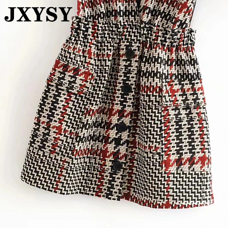 JXYSY, английский стиль, винтажное клетчатое однобортное мини платье на бретелях, женское платье, vestidos de fiesta de noche vestidos, вечернее платье, топы
