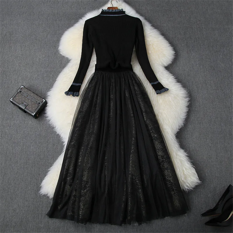 Runway Designer 2Piece Skirt Set Women Fashion Autumn Winter Outfits Ruffles Neck Sweater and High Waist Tulle Skirt Sets