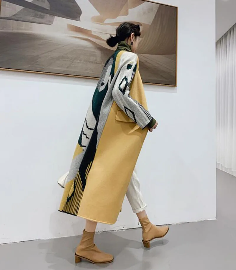 

Personality Printed Contrast Wool Coat Women Over The Knee Long Outwear Ladies 2019 Autumn Winter Retro Elegant Woman Wool Coat