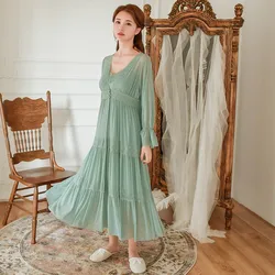 Soft Modal 2 Pieces Women's Robe Sets Spring Autumn Vintage Princess Gauze Long Sleepwear Girls Tiered Night Dress