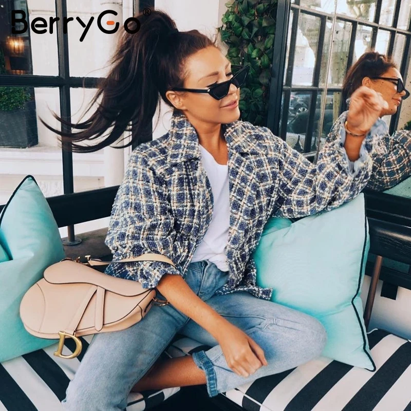 discounted  BerryGo Fashion plaid tweed jacket women coat Loose lantern sleeve streetwear coats Elastic high wa