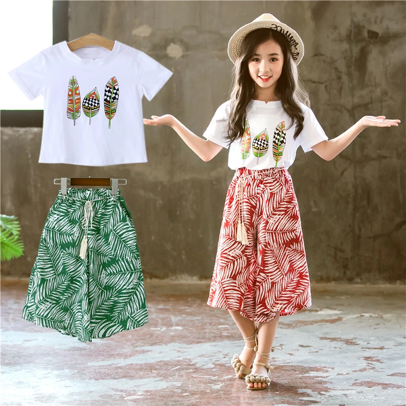 Dinámica Pigmento Magnético Conjunto de ropa para niños y niñas grandes, traje con estampado de hojas,  Top + Pantalones cortos, 3, 4, 5, 8, 10, 12 años, 2 uds.|set de ropa| -  AliExpress