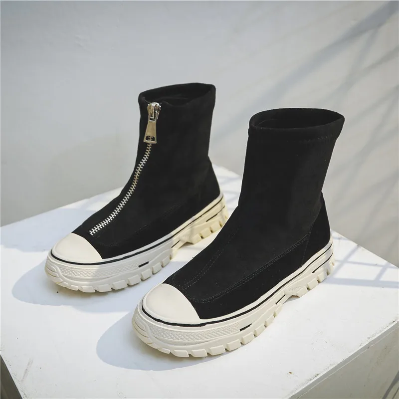 

Front Zipper Boots Women Black Chunky Boots Fashion Flock Chunky Thick Soled Non Slip Keep Warm Winter Casual Shoes 2019
