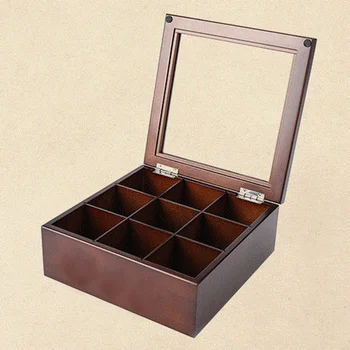 

Coffee Storage Box Organizer Wooden Tea Box with 9-Compartment and Glass Window Tea Coffee Display Case Tea Bag Chest With Lette