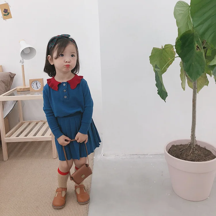 

Girls Knitted Princess Set 2019 Autumn Baby Turn Down Collar Sweater Long Sleeve Tops+pleated Skirt Two-pieces Set Kids Suits