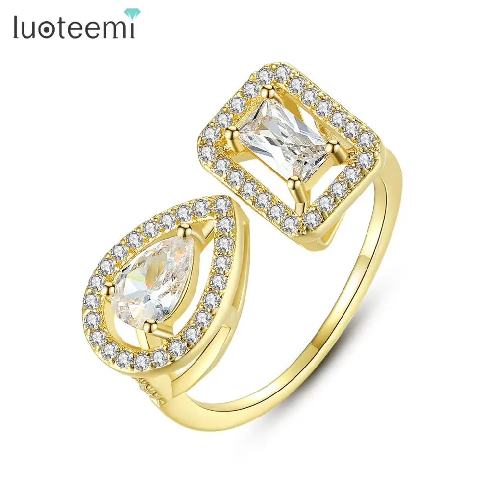 

LUOTEEMI Chic Heart&Square Resizeable Rings for Women Party Engagement with Shiny CZ Double Color Open Ring Fashion Jewelry Gift