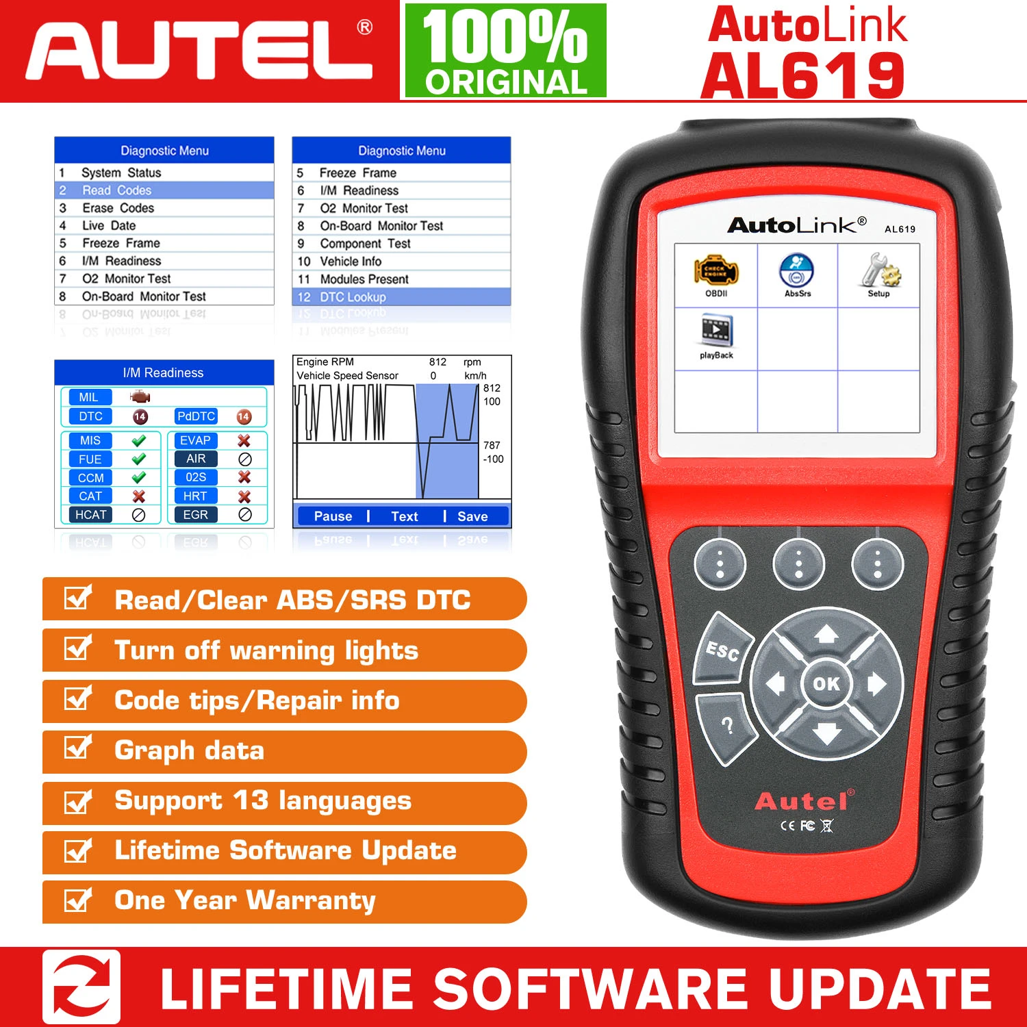 Autel Al619 Obd2 Scanner Car Diagnostic Tool Scanner Code Reader Abs Srs Scan Tool Turns Off Engine Light Automotriz Scanner Autolink Al619 Autel Autolink Al619autel Autolink Aliexpress