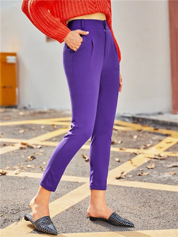 COLROVIE фиолетовые плиссированные узкие брюки с карманами спереди без пояса женские повседневные обтягивающие брюки осенние уличные брюки