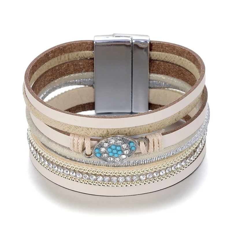 Многослойный кожаный браслет в стиле бохо Плетеный Браслет-манжета Кристальные