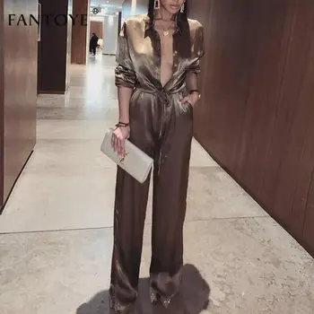 

2020 NEW Women Sexy Solid Lapel Deep Streetwear Elegant Loose Satin Jumpsuit Solid Color Lapel Fashion