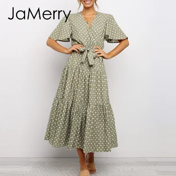 

JaMerry Sexy Deep V-Neck Long Party Dress Women Casual Short Sleeve Ruffles Polka Dot Dress Summer Beach Dress Sundress Vestidos