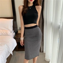 Женские модные юбки Сексуальная эластичная высокая талия трикотажная тонкая юбка контрастный цвет корейский стиль Женская миди юбка женская одежда
