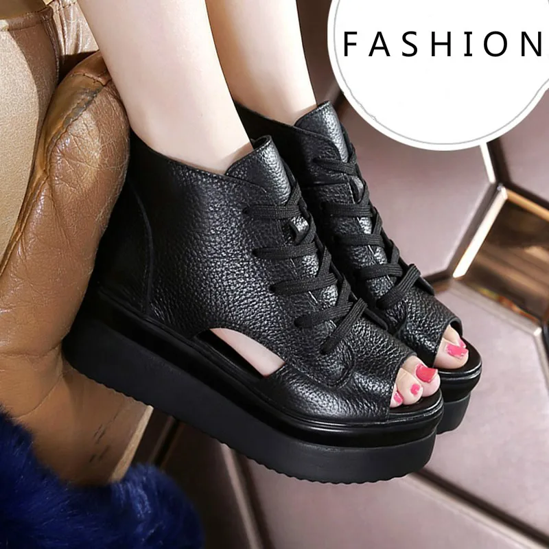 

Summer New Womens Shoes Fashion Lace-Up Casual Fish Mouth Wedges Thick Bottom High Heel Cool Boots Cover Heel 6cmHigh Heels Rome