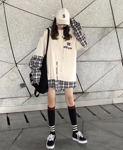 Осенняя новинка, тонкая толстовка с капюшоном, женская уличная мода ulzzang Harajuku, свободная забавная клетчатая Повседневная Женская толстовка с длинным рукавом - Цвет: beige