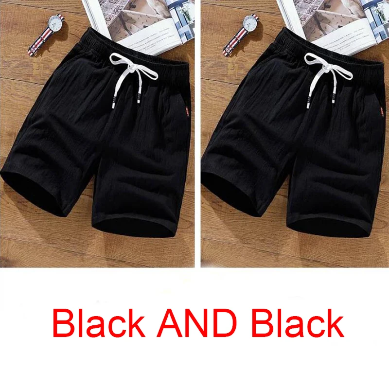 6XL 7XL 8XL 9XL летние льняные шорты мужские повседневные шорты для фитнеса пляжные шорты мужские дышащие хлопковые шорты для спортзала - Цвет: Black and Black