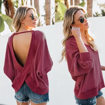 

street autumn 2020 backless sexy fashion woman sweatshirt full solid pullover o-neck slim sheath comfortable sweatshirt