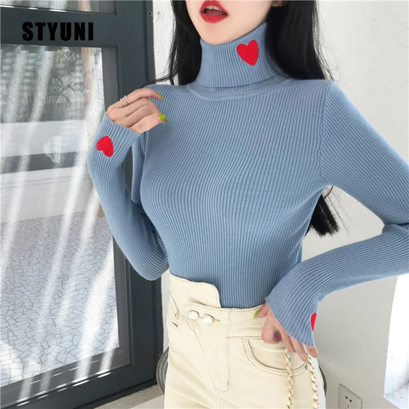ins turtleneck cute sweater women Korean pullover sweater 2020 autumn and winter new heart shaped embroidery warm base sweater