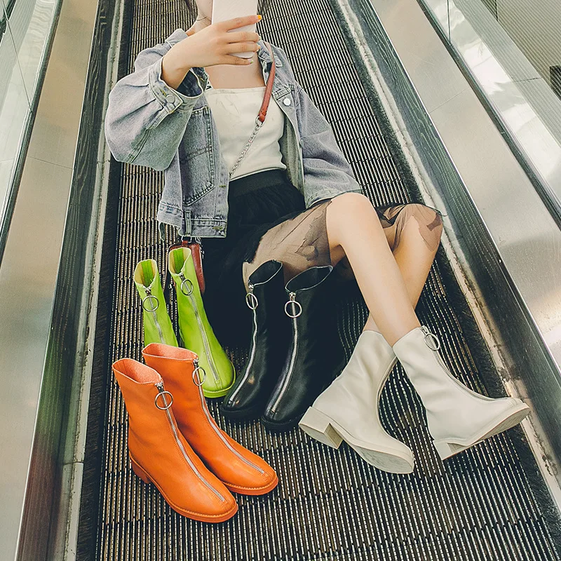 

2019 Trend Autumn WOMEN'S Shoes New Style Knight Boots Front Zipper Retro Colorful Low Heel