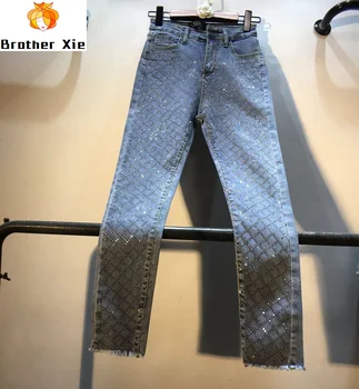 

Black Jeans Woman 2020 Spring Fashion New Diamond Hot Drill High Waist Slim Elastic Nine-cent Jeans Girls Lady's Denim Pants