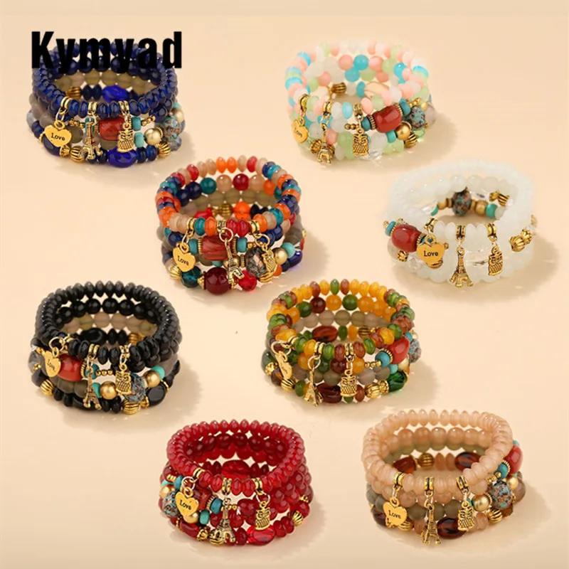 Kymyad Candy Color Multilayer Bohemia Bracelets Resin Beads Stone Bracelets For Women Bijoux Owl Charm Bracelet Femme Jewelry