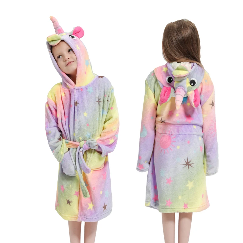 New Winter Big Boys Girls Bath Robe Children Unicorn Hooded Flannel Pajamas Bathrobes For Teenage Boy Cartoon Pajamas Baby Robes