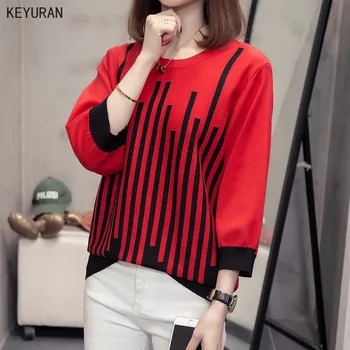 

Casual Style Women Knitted Sweater And Pullovers Three Quarterl Sleeve Ladies Fashion Striped Sweaters Female Winter And Autumn