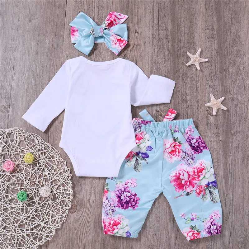 PatPat/весенне-осенний хлопковый Повседневный красивый комбинезон с цветочным рисунком для новорожденных и штаны и набор из повязки на голову с бантом для маленьких девочек, комбинезон