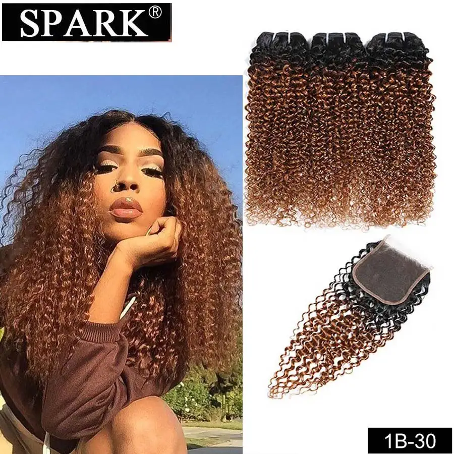 

Spark Human Hair Ombre Brazilian Afro Kinky Curly Bundles With Closure 100% Human Hair Closure With Bundles 1B/27 &30 For Black