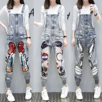 

Plus Size Strap Jeans Pants Girls Student Fashion Holes Cartoon Beads Harun Spring Autumn Vintage Denim Pants Overall Trousers
