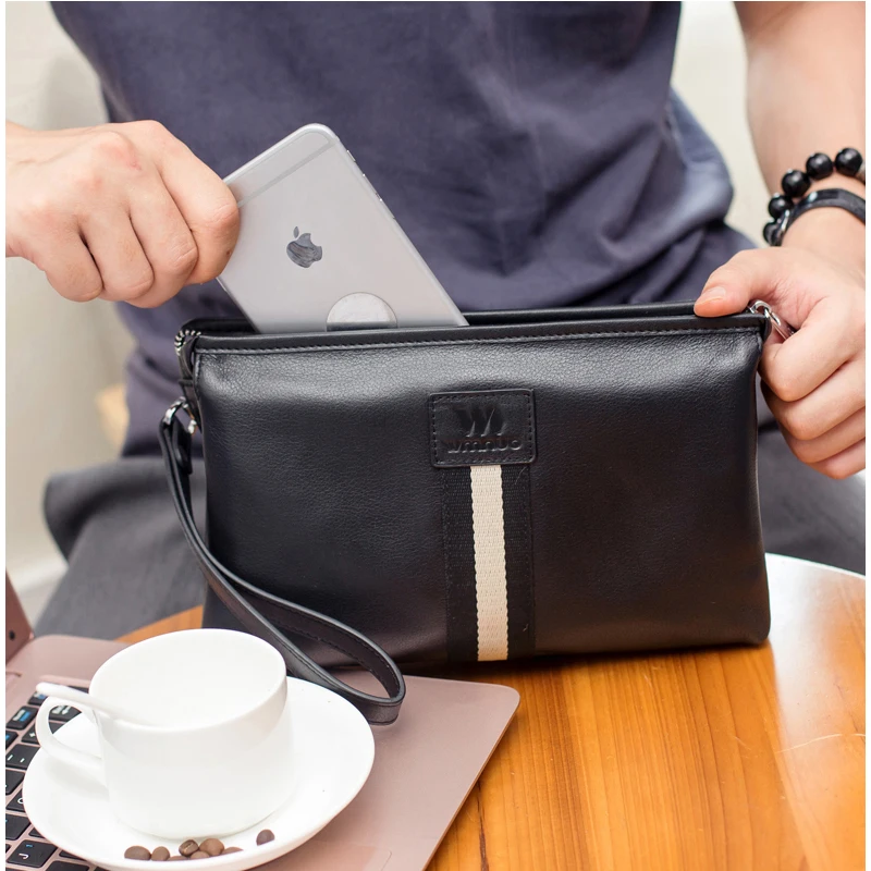 Wmnuo Men's Clutch Bags 100% Genuine Leather Double Layer