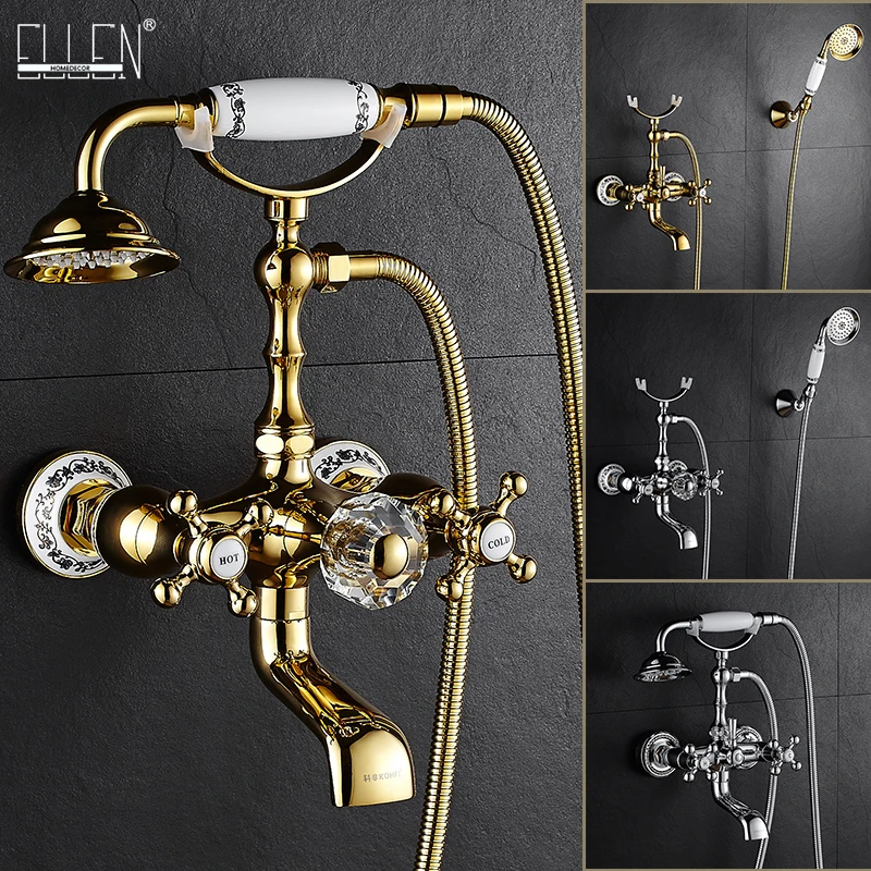 Luxury Crystal Handle Bathtub Gold Brass Faucet with Hand Shower Telephone Type Bath Faucets Sets Mixer Tap Wall Mounted EL8310G bathtub faucet