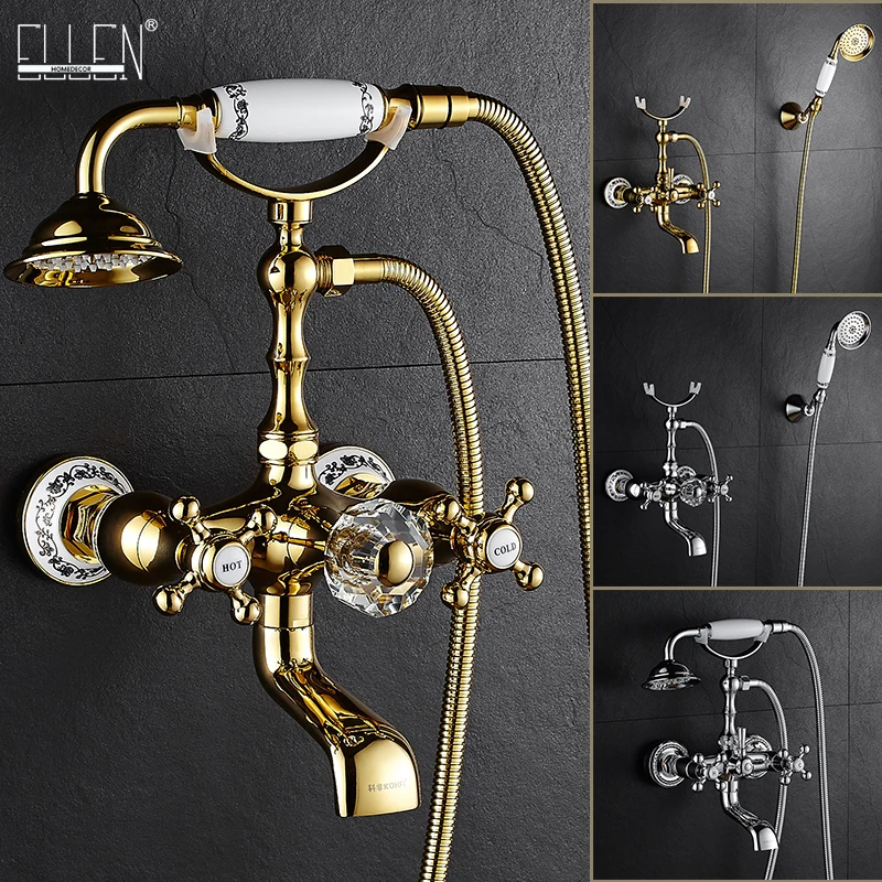 Luxury Crystal Handle Bathtub Gold Brass Faucet with Hand Shower Telephone Type Bath Faucets Sets Mixer Tap Wall Mounted EL8310G