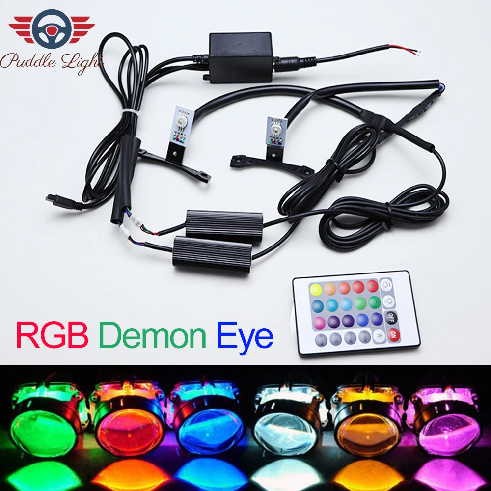 2 шт. светодиодный Devil Eyes Demon Evil Eye для автомобиля, объектив проектора, фары DRL, декоративные огни, DIY, для автомобиля, Стайлинг, многоцветный, RGB лампа