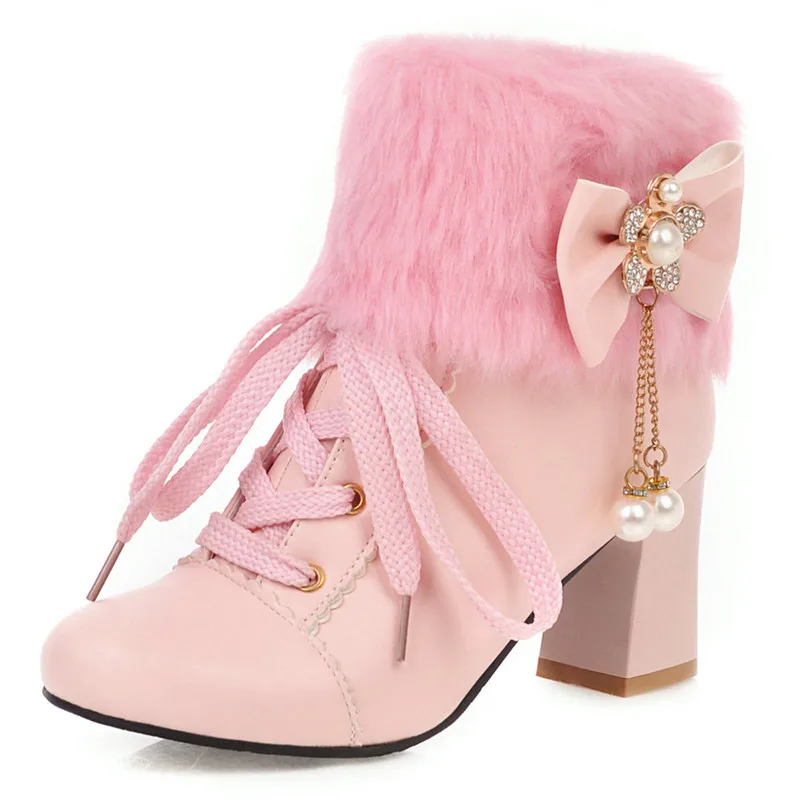 

NASBAVI new bow Round Toe square heel PU Ankle Boots for Women pearl Short Plush String Bead Rhinestone Pink Boots Metal Chain