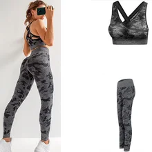 Mulheres ginásio roupas de fitness yoga conjunto sem costura sutiã esporte + cintura alta leggings camo yoga conjuntos de roupas de ginástica feminino