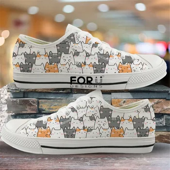 

FORUDESIGNS Women Casual Vulcanized Shoes Cute Cartoon Cats 3D Prints Large Size Canvas Sneakers For Girls Brand Lady Flats 2020