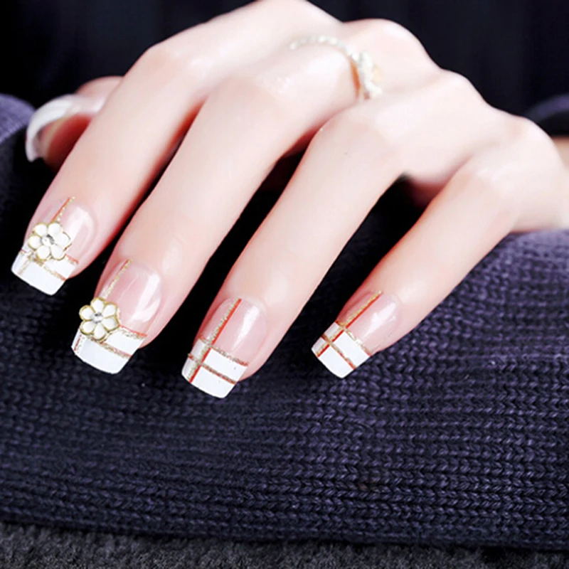 24pc 3D French Flase Nails Full Cover Frame False Nail Tips Full Cover Fake Nails Glue