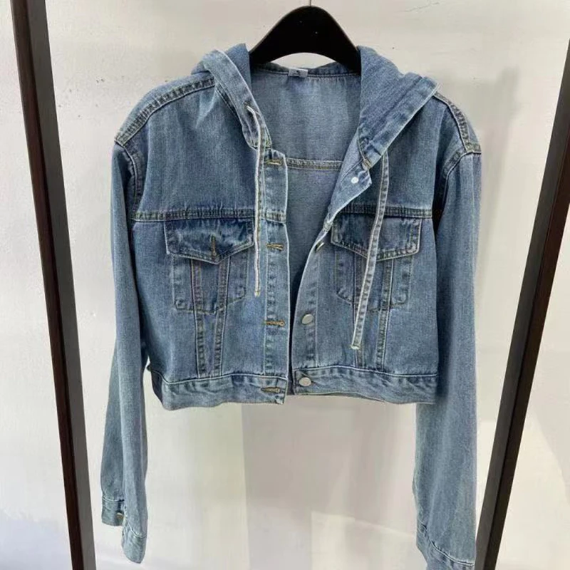 Stylish Blue Hooded Jeans Jacket Women Single-Breasted Short Jeans Coat High Street Harajuku Denim Coat Blue Tops