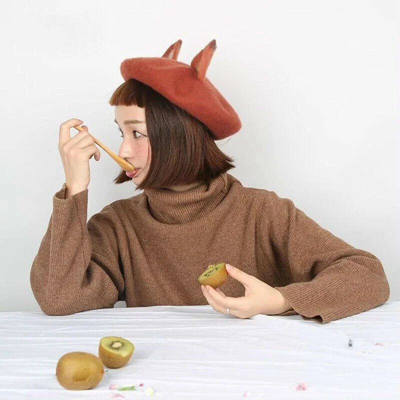 Женский шерстяной фетровый берет с кошачьими ушками милая теплая шапка