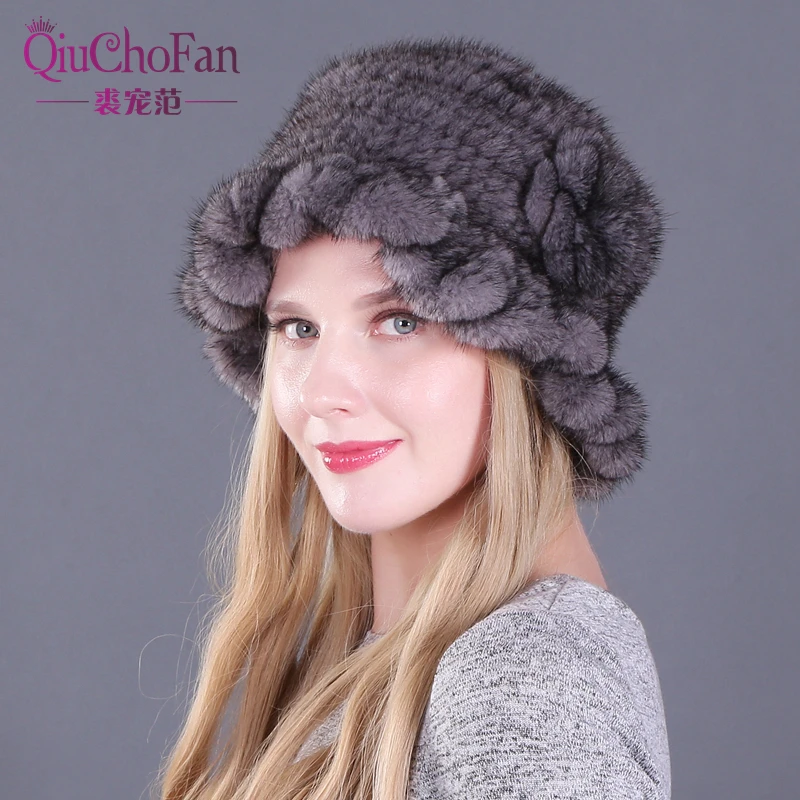 

Women's Natural Mink Fur Hat Fox Pompom Rabbit Flowers Stylish Warm Fashion Girls Real Fur Winter Hat Knitted