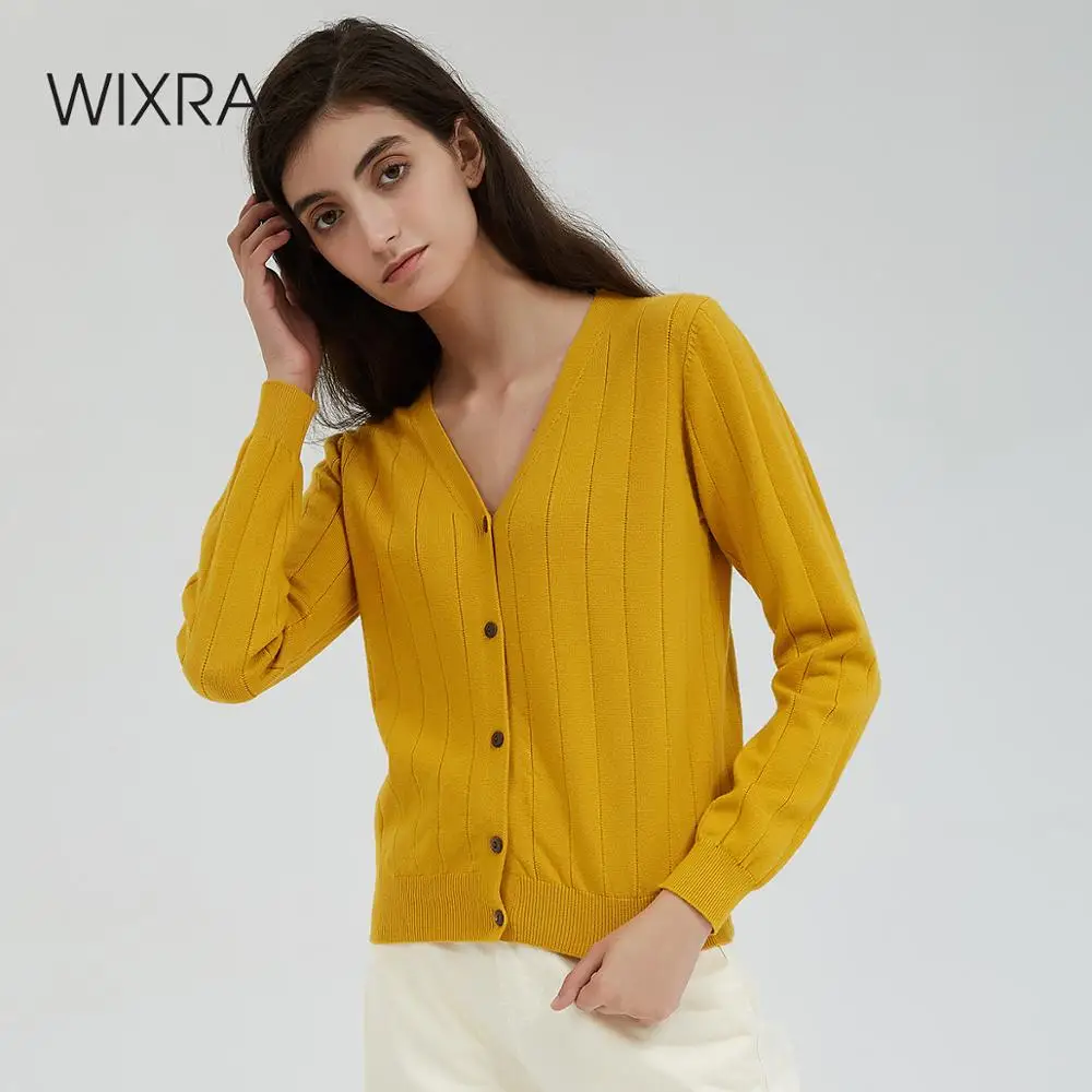 Tanie Wixra damski sweter kardigan V neck solidna luźna dzianina jednorzędowy Casual dziergany sweter żółty znosić kurtka jesienny
