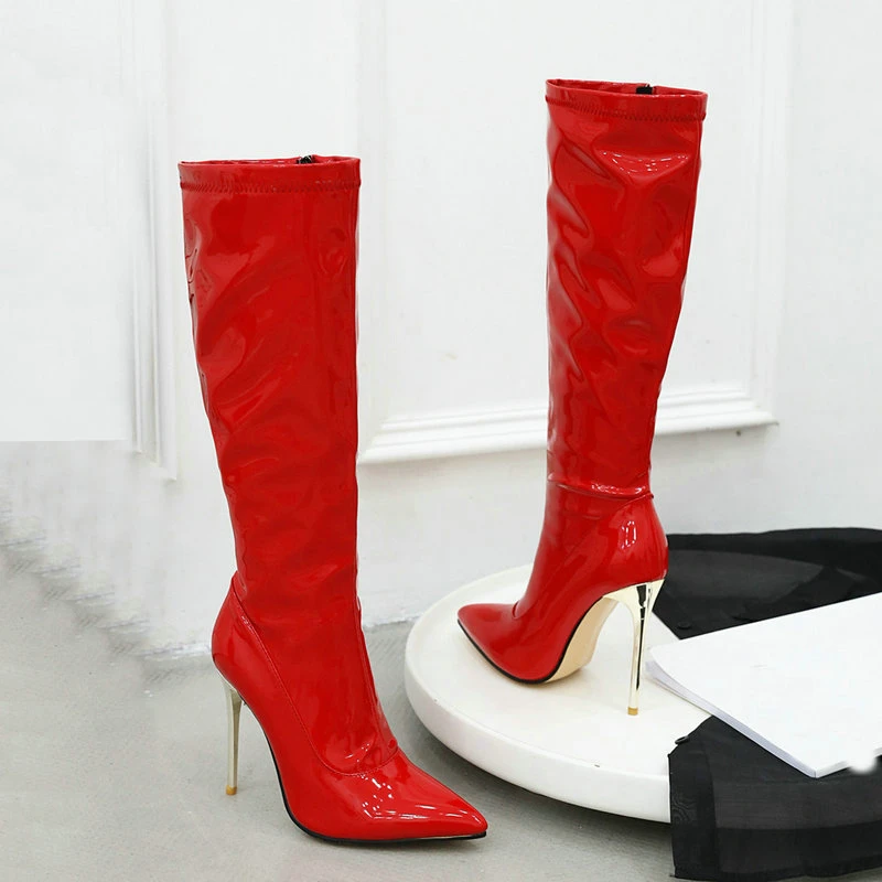 Black Red White Patent Leather Sexy Knee High Boots Super Heel Women's Tall Boots Pointy Toe Winter Dress Boots Side Zipper